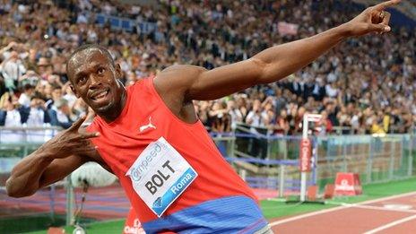 Usain Bolt celebrates his victory in Rome