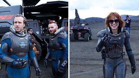 Rafe Spall and Sean Harris (right) on set and Noomi Rapace