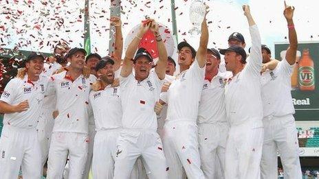 England celebrate their last Ashes win in 2011 in Australia