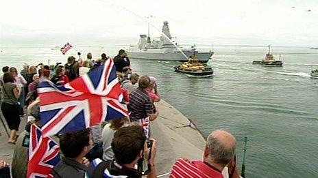 Crowds watching arrival of HMS Diamond into Portsmouth