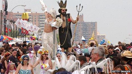 King and Queen Neptune on float during the Coney Island Mermaid Parade
