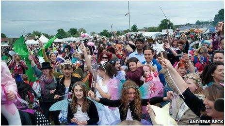 People dressed as fairies at Strawberry Fair in Cambridge