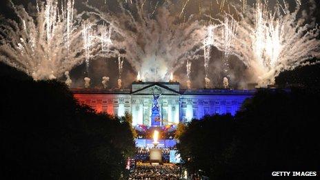 A fireworks display outside Buckingham Palace