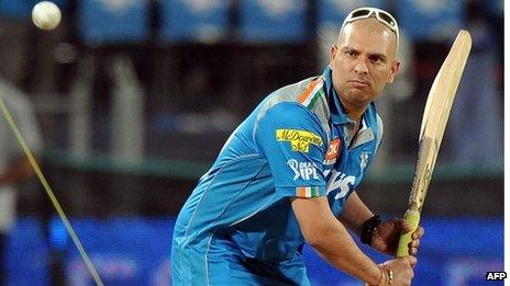 Indian cricketer Yuvraj Singh practices some shots before the start of the IPL Twenty20 cricket match between Pune Warriors India and Deccan Chargers at The Sahara Stadium in Pune on April 26, 2012.