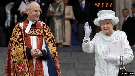 The Queen outside St Paul's Cathedral with the Dean of St Paul's, David Ison