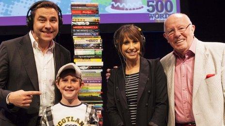 David Walliams, winner Guy Rose, Alex Jones and Richard Wilson at a prize-giving ceremony for the 500 Words short story contest at the Hay Festival