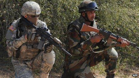 US and Indian soldiers in a joint military exercise in Rajasthan, India