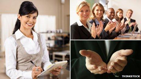 (Clockwise) woman smiling; people in a business room clapping; outstretched hands