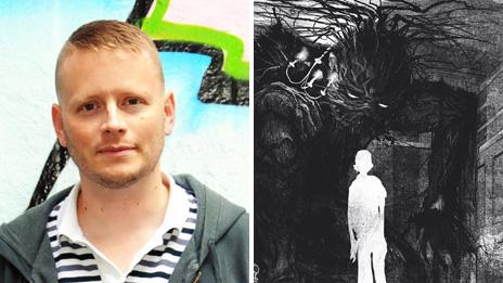 Patrick Ness (left - photo: Debbie Smyth), with an illustration from A Monster Calls