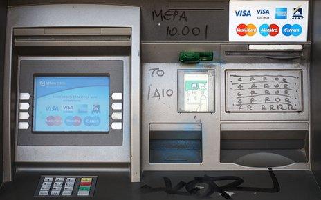 Vandalised Greek cash machine