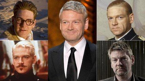 Kenneth Branagh in 2012 (centre) and as he appeared in Fortunes of War (top left), Hamlet (bottom left), Conspiracy (top right) and Wallander (bottom right)