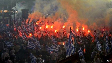 Supporters of New Democracy party leader, Antonis Samaras, in central Athens, 15 June 2012