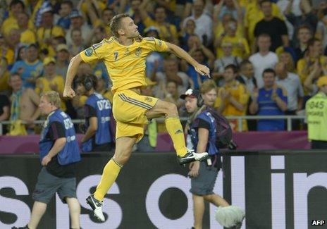 Ukrainian forward Andriy Shevchenko celebrates at the end of the Euro 2012 championships football match Ukraine v Sweden on June 11, 2012