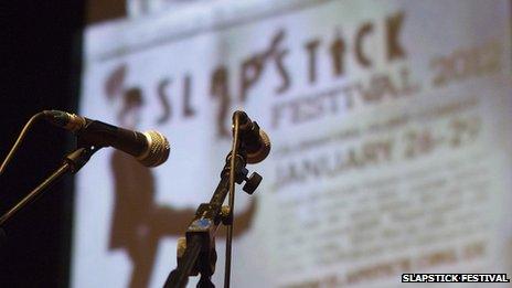 Microphones on stage at Slapstick Festival