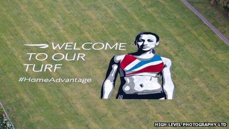 Aerial image of Jess Ennis painting on Thornbury Playing Fields, Hounslow, 14 June 2012