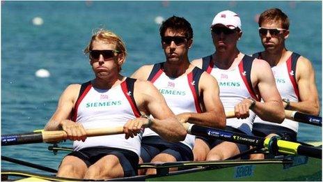 Tom James (second from left) in the Great Britain coxless four boat