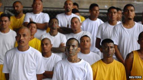 Gang members attend Mass in prison of Izalco, about 65 km (40 miles) from San Salvador 19 June 2012