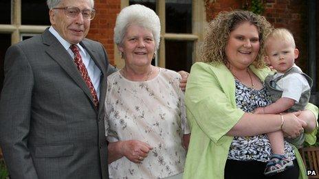 IVF pioneer Professor Robert Edwards, Lesley Brown, with her daughter Louise Brown the world's first IVF baby, with her son Cameron