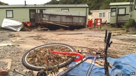 The aftermath of floods at the Riverside caravan park near Llandre, Aberystwyth