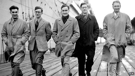 Mike Westmacott (second from left) with other members of the Everest expedition team, before they left Tilbury on the liner Stratheden on their journey to the Himalayas