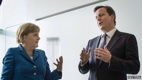 Chancellor Merkel talks to British PM David Cameron in Berlin on 7 June