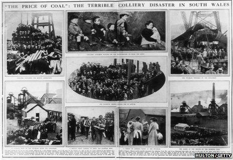 A double-page newspaper spread, reporting on Britain's worst-ever mining disaster in Senghenydd