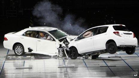 Toyota cars crash during a collision test