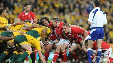 Wales and Australia prepare for a scrum in the first Test in Brisbane