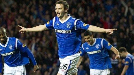 Scotland Under-21 midfielder Jamie Ness celebrates scoring for Rangers