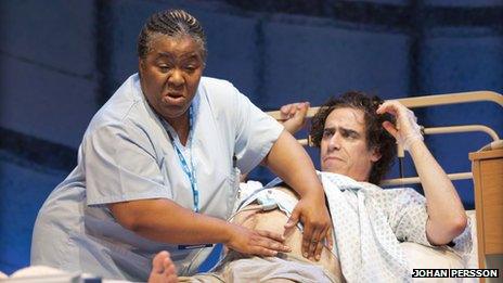 Llewella Gideon (left) with Stephen Mangan in Birthday (Photo: Johan Persson)