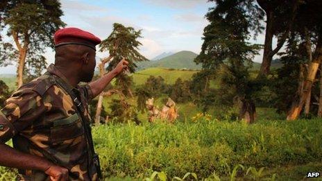 An M23 rebel pointing, eastern DR Congo, June 2012