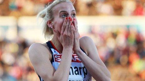 Lynsey Sharp is overcome after her European Championships second-place finish in the 800m