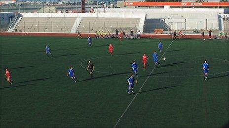 Gibraltar taking on Jersey at the Victoria Stadium