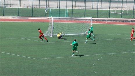 The Isle of Man in action against Guernsey at the Victoria Stadium in Gibraltar