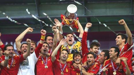 Iker Casillas lifts the Henri Delaunay trophy surrounded by his team-mates