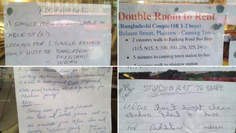 Various adverts for rooms to rent, specifying desired race of potential tenant