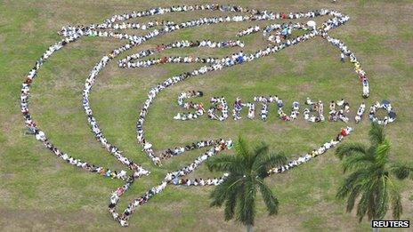 People gather to form a giant human whale with the message Santuario (Sanctuary) in Panama City