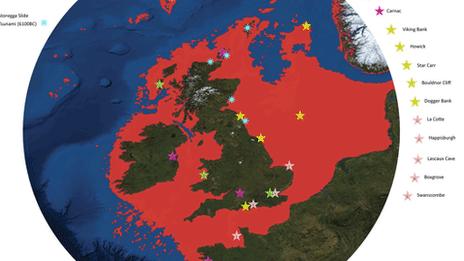 A map of the UK with Doggerland marked as red