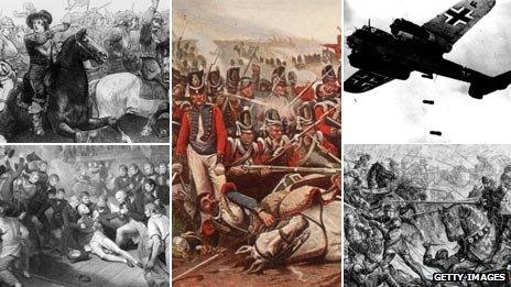 (clockwise) Painting depicting Battle of Edgehill; painting depicting Battle of Waterloo; photograph of German Dornier DO-17 bomber unloading bombs during the Battle of Britain; painting depicting Battle of Towton; painting depicting Battle of Trafalgar