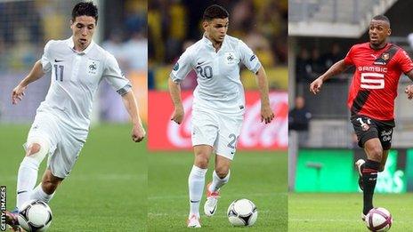 France players Samir Nasri [l], Hatem Ben Arfa and Yann Mvila [r]