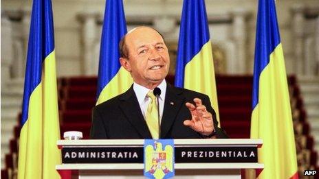 Romanian President Traian Basescu speaking on July 3