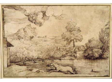 Titian, Landscape with riderless horse pursued by a serpent, circa 1525