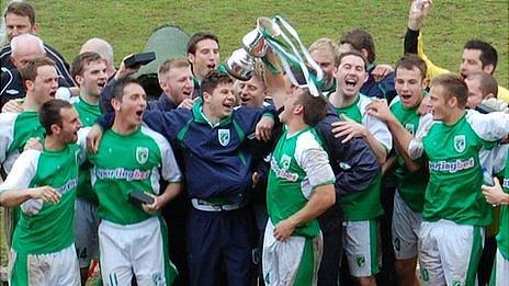 Guernsey FC celebrate winning the Combined Counties League Division One title