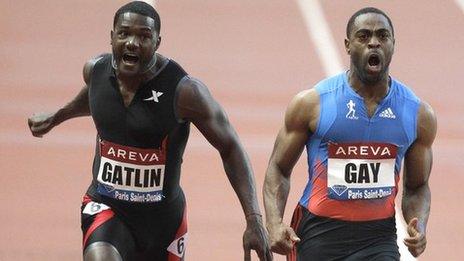 Tyson Gay wins the 100m men's race ahead of Justin Gatlin, left, at the Diamond League athletics meeting in Paris