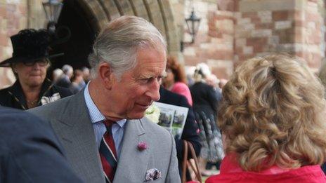 Prince Charles speaking to crowds outside St Asaph cathedral, Denbighshire