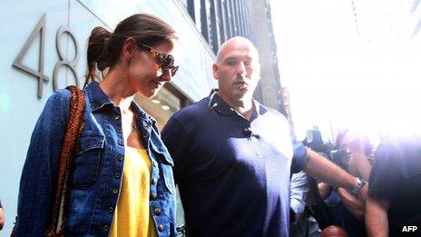 US actress Katie Holmes leaves her lawyer's office in New York City on 7 July 2012