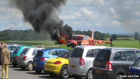 The plane on fire at Cotswold Airport