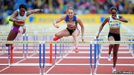 Jessica Ennis wins the Women's 100 Metres Hurdles Final during the UK Olympic Trials