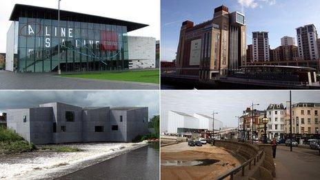 Clockwise from top left: Mima, the Baltic, the Turner Contemporary and the Hepworth