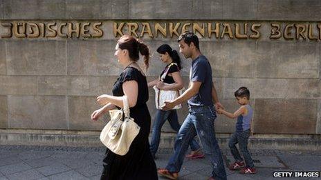 People walking past the Jewish Hospital in Berlin